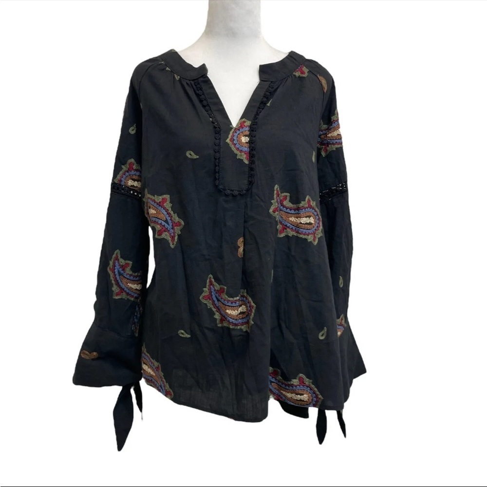 Ellison 100% Linen Paisley Embroidered Tie Wrist Boho Tunic Blouse